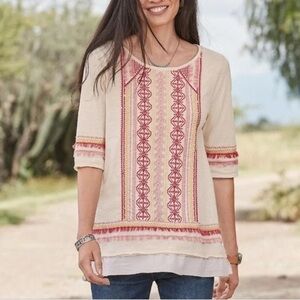 Sundance Montera Embroidered Fringe 3/4 Sleeve Tunic Top Small